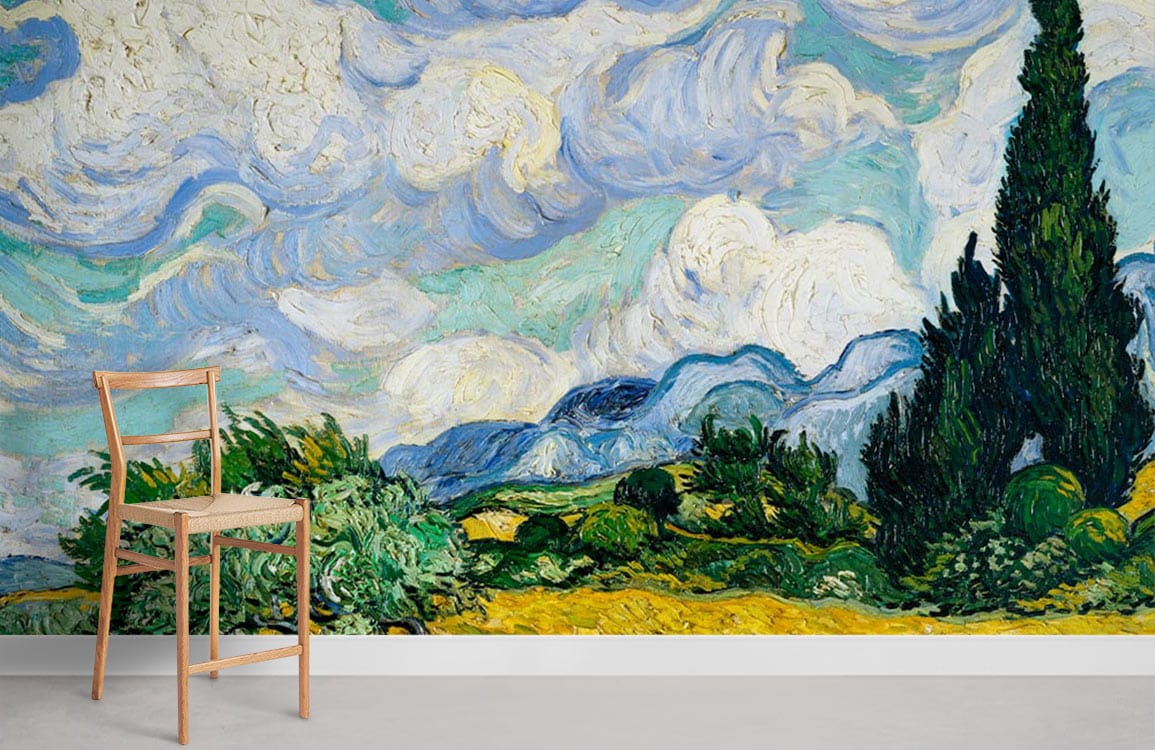 Vibrant Impressionist landscape mural wallpaper with chair, showcasing green, blue, and golden fields.