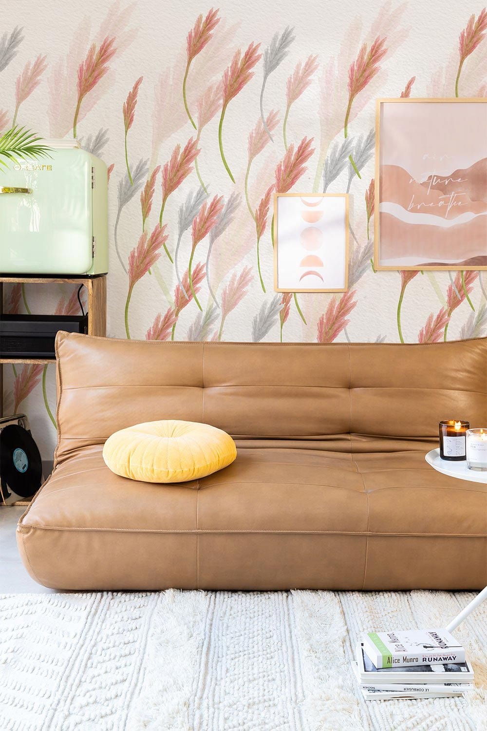 Elegant Pastel Wheat Floral Wallpaper with Brown Leather Sofa, Modern Pastels, Light Rug, Wall Art.