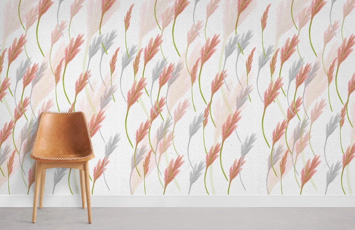 Elegant wallpaper with pastel wheat floral pattern, modern interiors decor, brown leather chair, grey flooring.