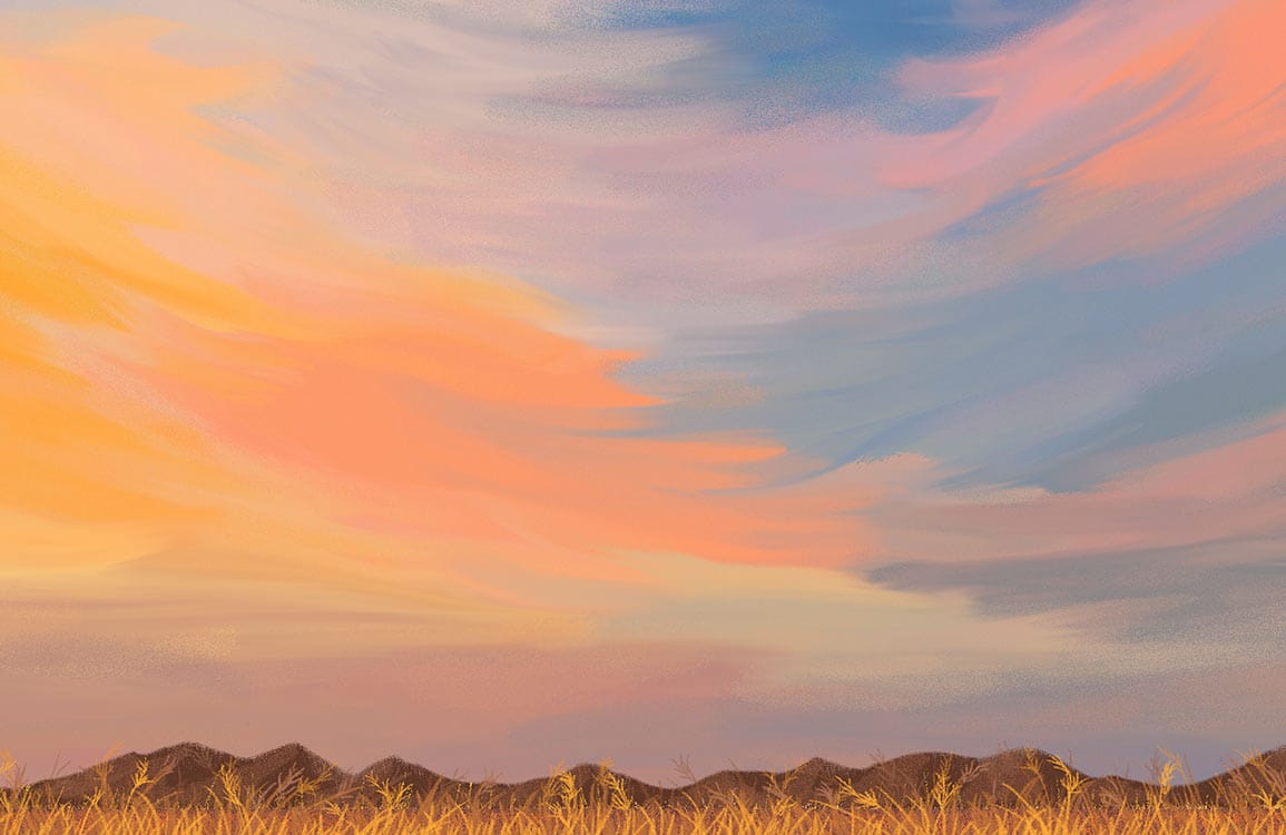 Tranquil Sunset Landscape Mural Wallpaper in Warm Pastel Colours Style