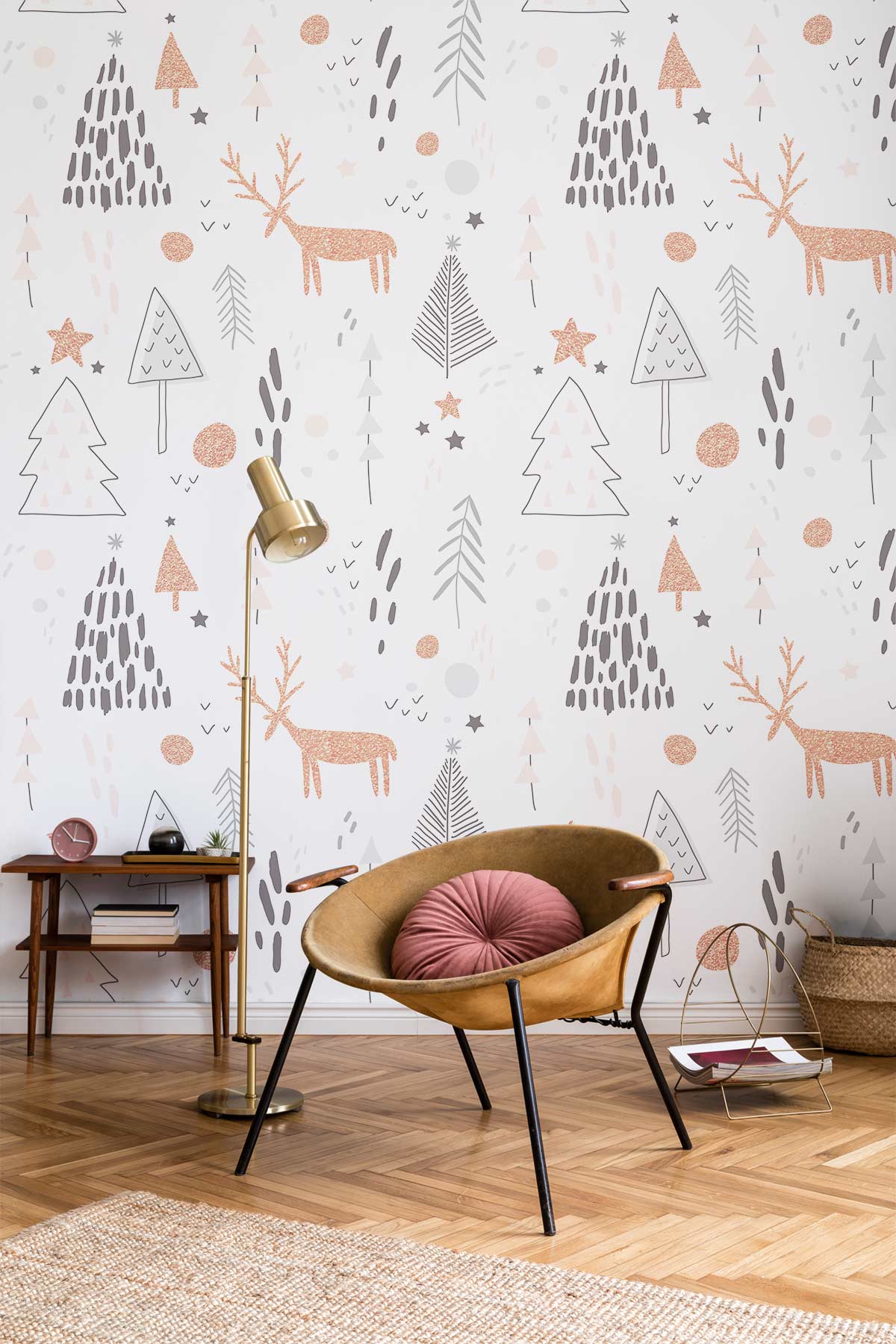 Scandi Chic Winter Wonderland Reindeer Mural with brown chair, wooden flooring, gold lamp in living room.