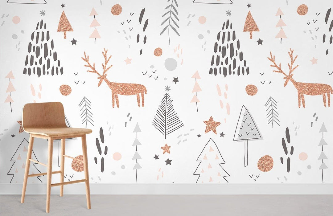 Scandi Chic Winter Wonderland Reindeer Mural in minimalist style with light wood chair, grey flooring.