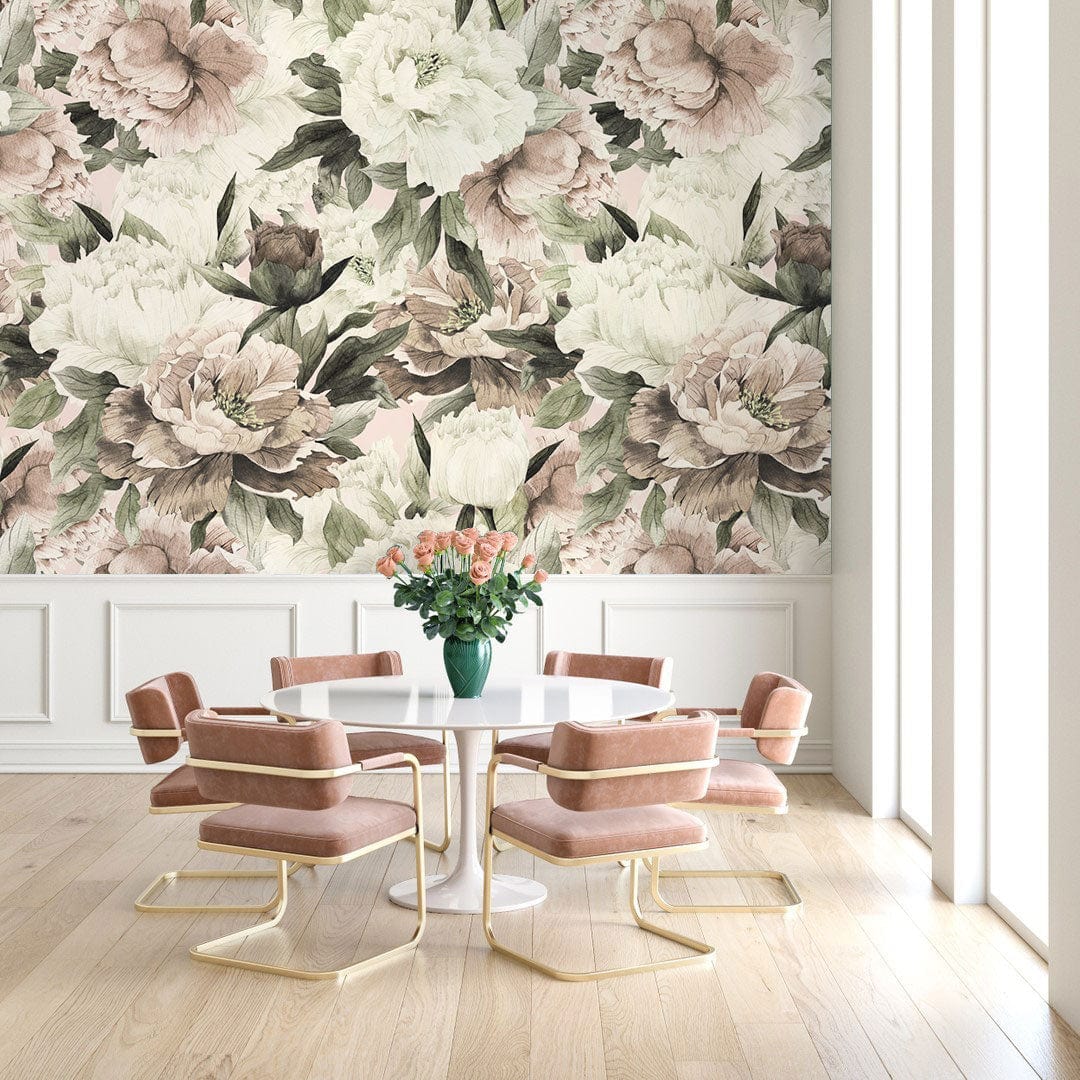 Vintage Floral Blossom Mural Wallpaper, pastel botanical design, pink chairs, hardwood flooring, dining room.