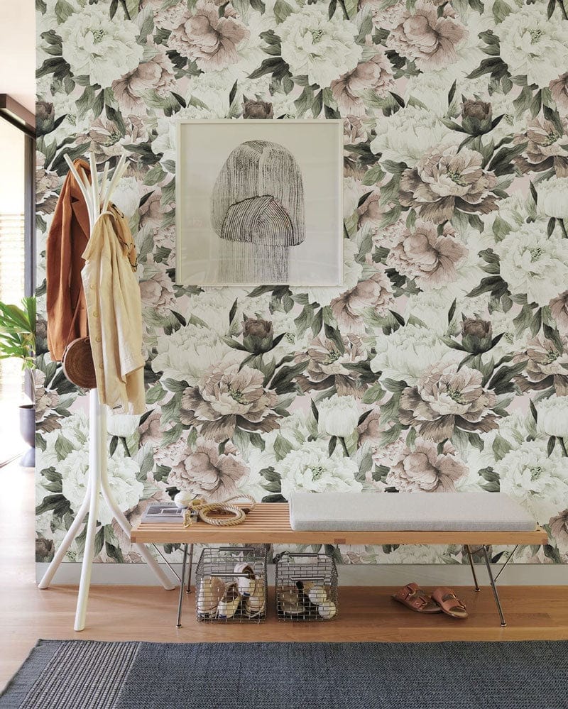 Entryway with Vintage Floral Blossom Mural Wallpaper, wooden bench, modern artwork, and coat rack.