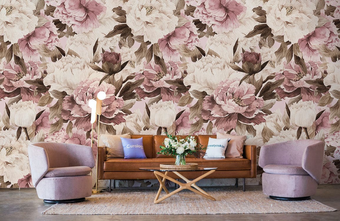 Elegant pastel floral wallpaper with blush peonies, vintage decor, brown sofa, mauve chairs in stylish lounge.