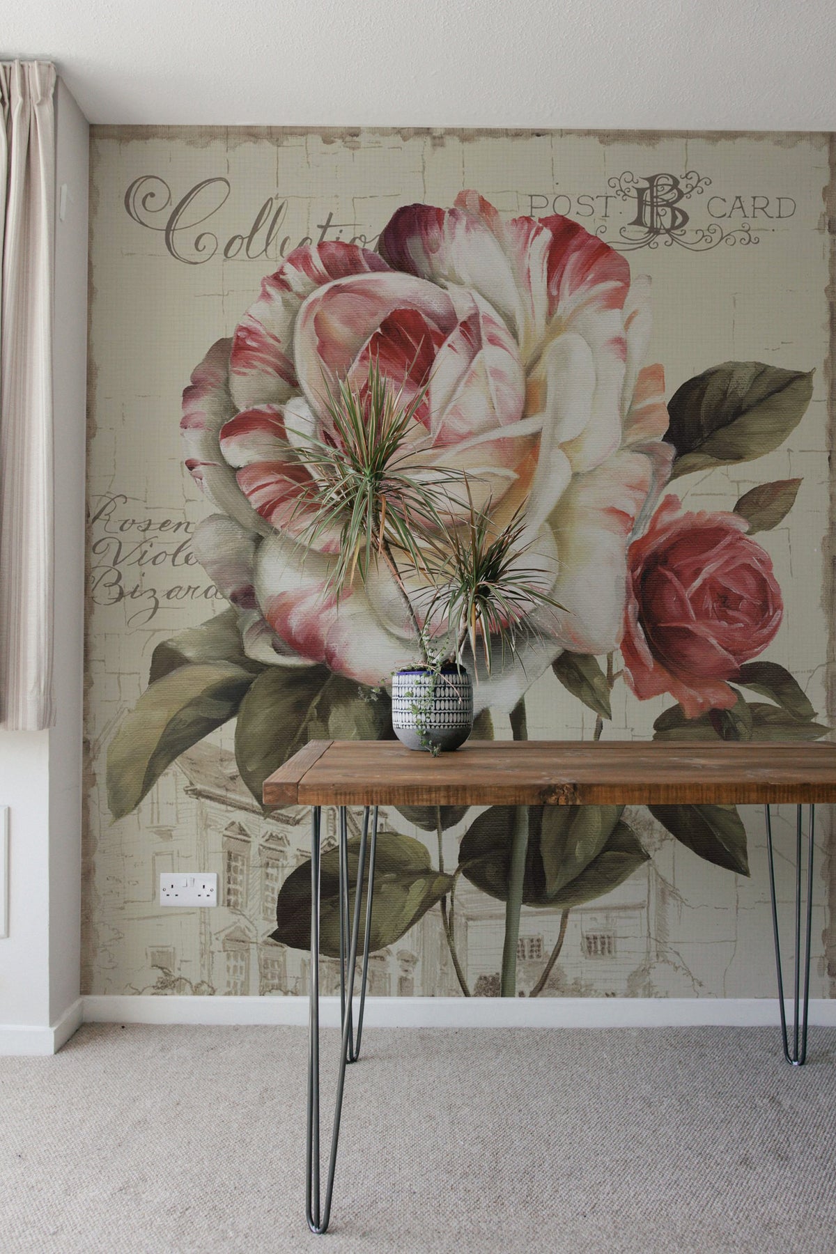 Vintage Romantic Rose Garden Mural Wallpaper, wooden table, neutral carpet, cream walls, living room design.