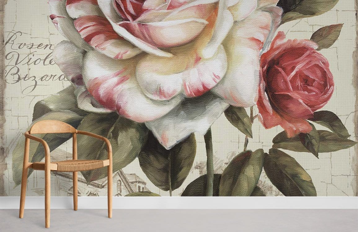 Vintage rose garden mural wallpaper with pink blooms, wooden chair, grey flooring in living room.