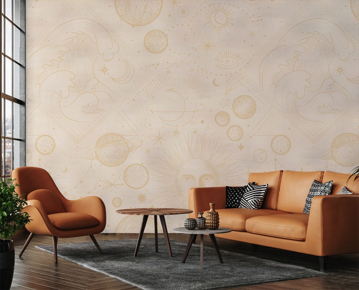 Vintage celestial sun and moon beige mural wallpaper, astral patterns, brown sofas, wood flooring, living room.