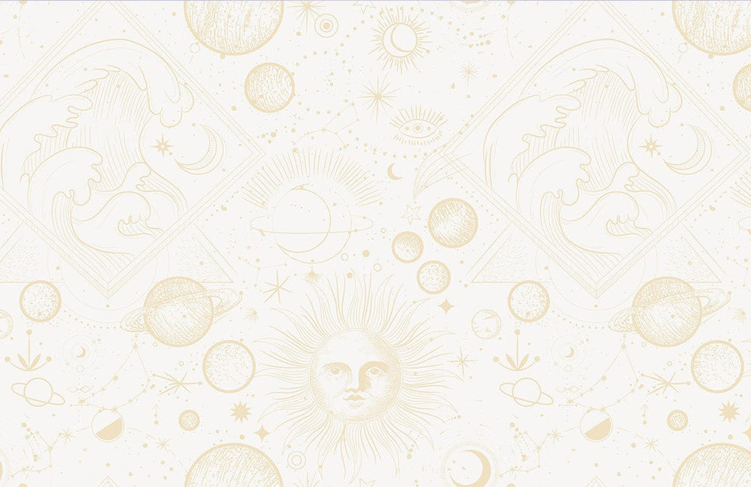 Vintage Celestial Sun and Moon Themed Beige Mural Wallpaper with Astral Patterns