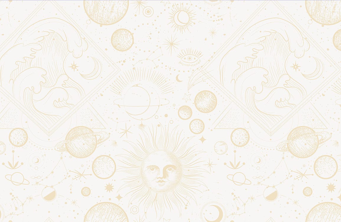 Vintage Celestial Sun and Moon Themed Beige Mural Wallpaper with Astral Patterns