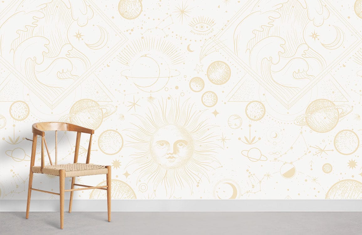 Vintage Celestial Sun and Moon Beige Mural Wallpaper, wooden chair, grey floor, astral patterns.