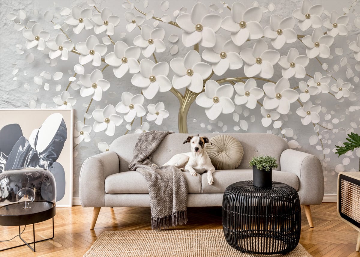 Elegant white floral mural, light grey sofa, parquet floor, dog, contemporary living room Décor.
