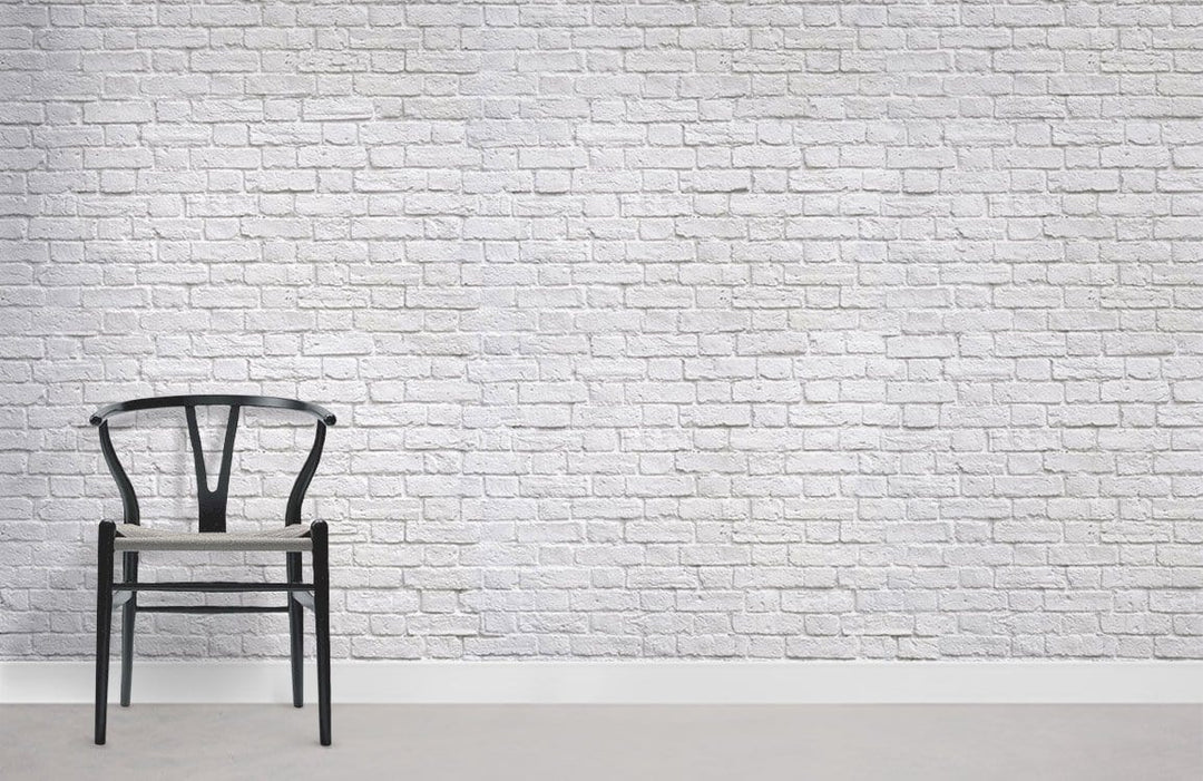 Rustic White Brick Effect Wallpaper, black chair, modern industrial decor, grey flooring, dimension visible.