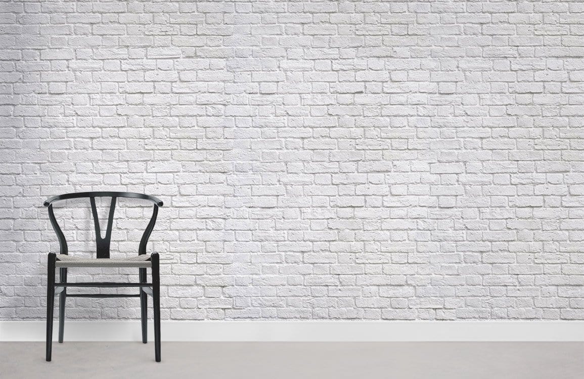 Rustic White Brick Effect Wallpaper, black chair, modern industrial decor, grey flooring, dimension visible.