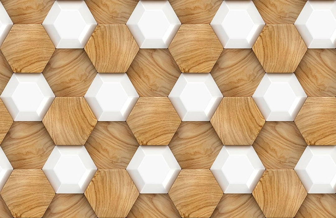 Modern Hexagonal Wood and White Geometric Pattern Wallpaper Design