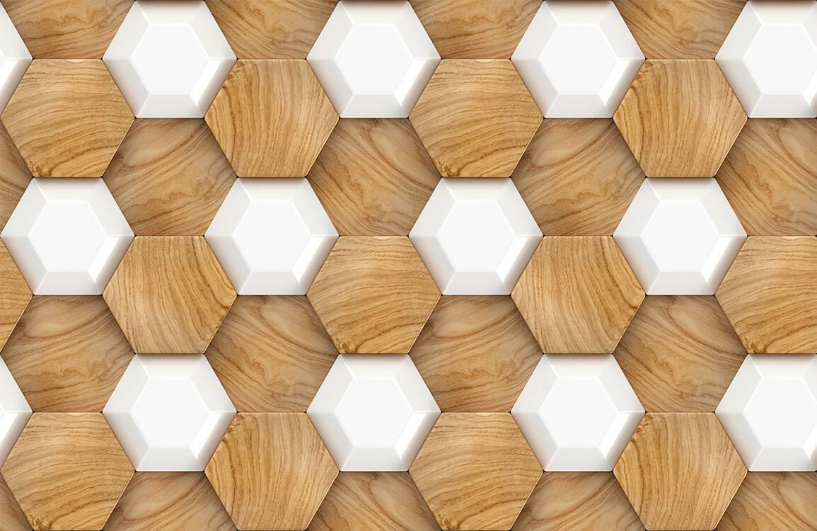 Modern Hexagonal Wood and White Geometric Pattern Wallpaper Design