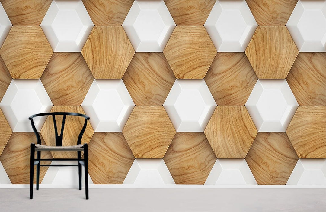 Modern hexagonal wallpaper design with wood and white pattern, featuring black chair on grey floor.
