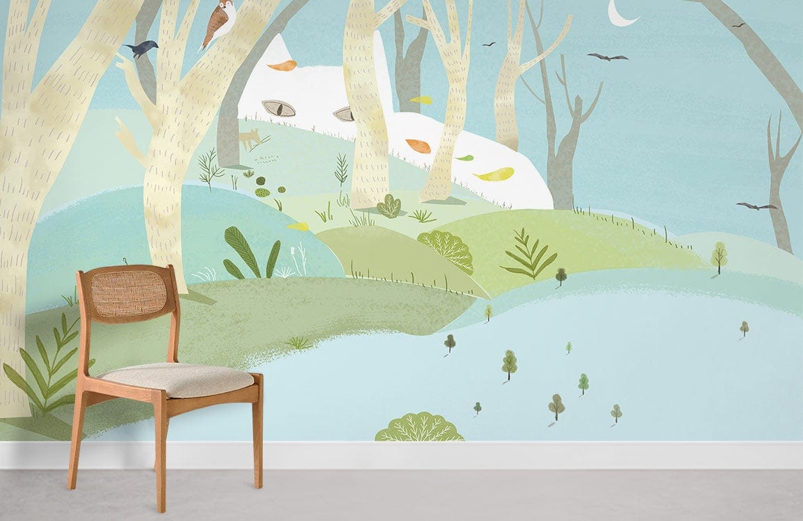 Whimsical Woodland Wonderland Pastel Mural Wallpaper decorates children's bedroom with natural wood chair.
