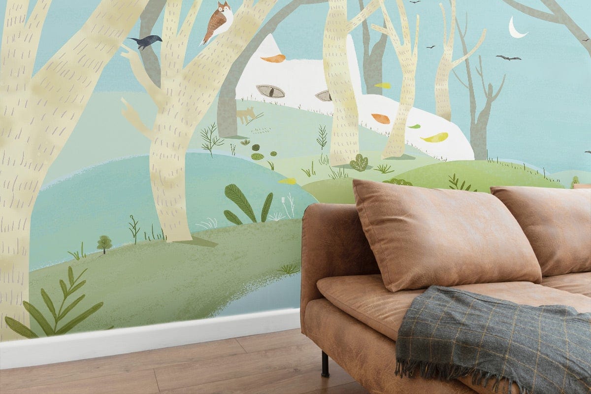 Whimsical Woodland Wonderland mural wallpaper in children's bedroom, featuring cosy brown sofa and wooden flooring.