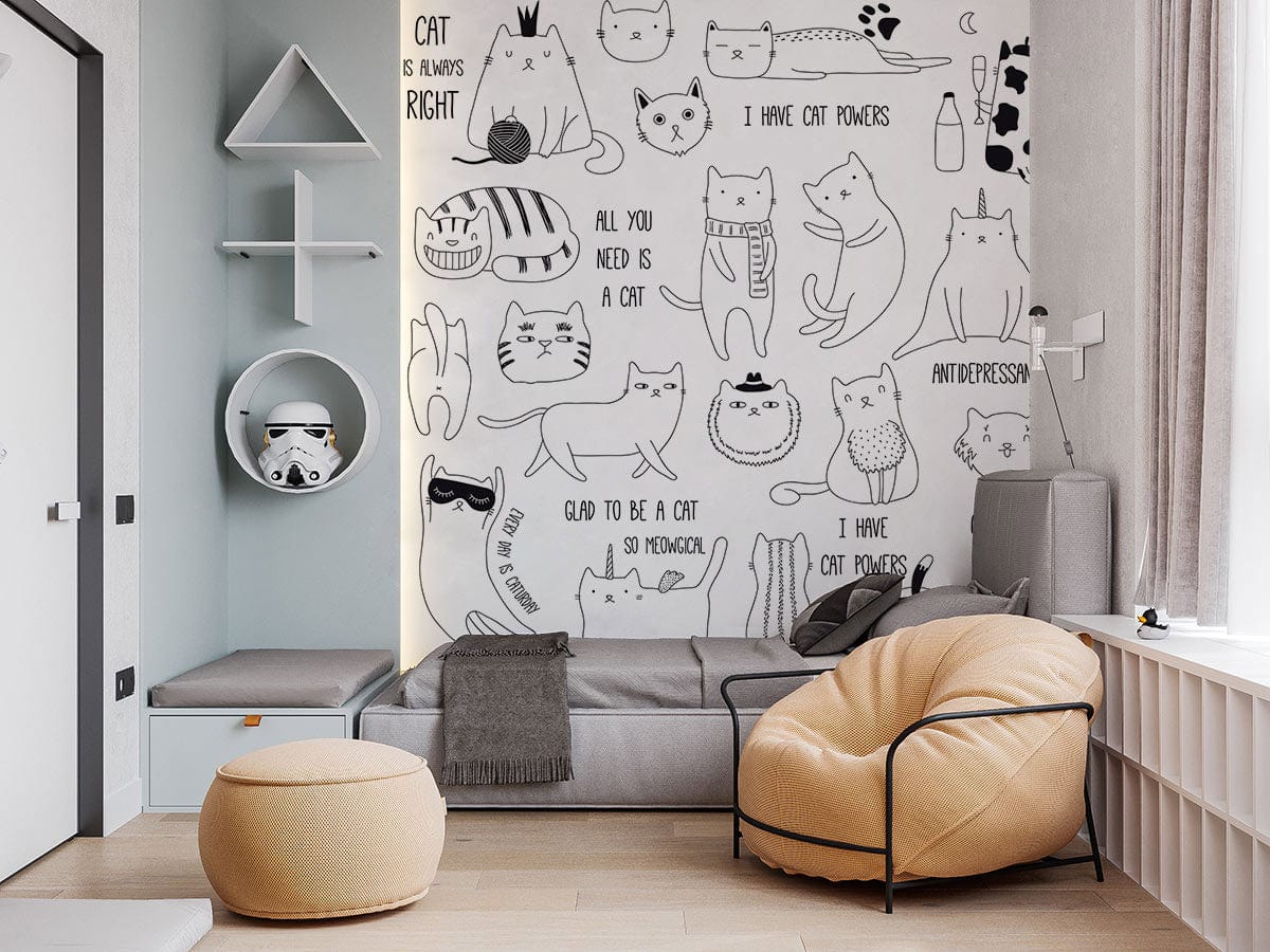 Playful cat mural wallpaper in bedroom with grey sofa, wooden flooring, and modern decor elements.