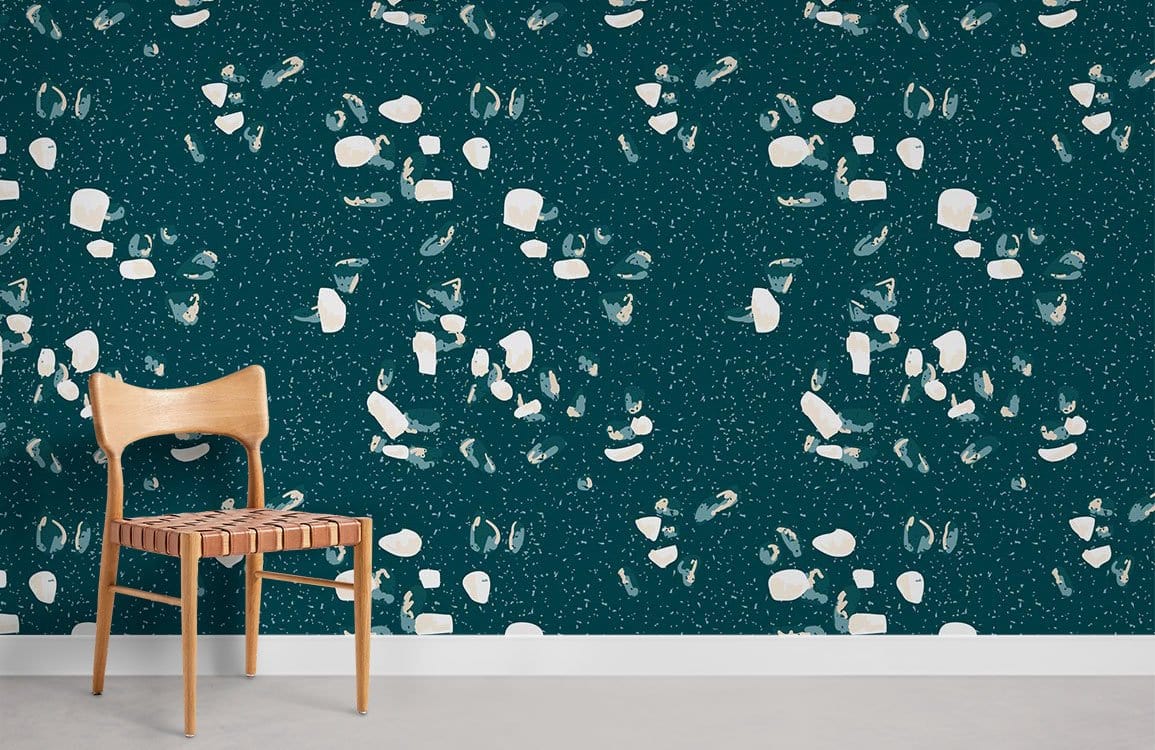 Elegant deep green abstract patterned wallpaper, subtle white accents, wooden chair, concrete flooring, modern room.