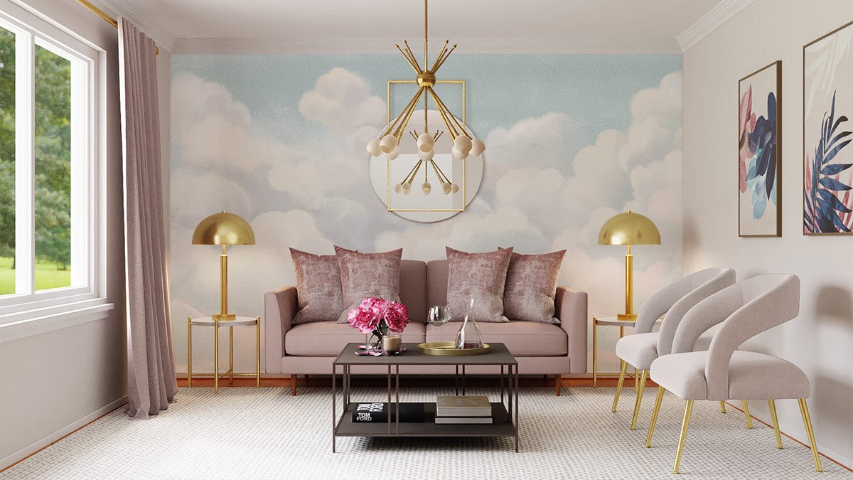 Soft pastel blue cloudscape mural wallpaper in living room with beige sofa and contemporary decor.