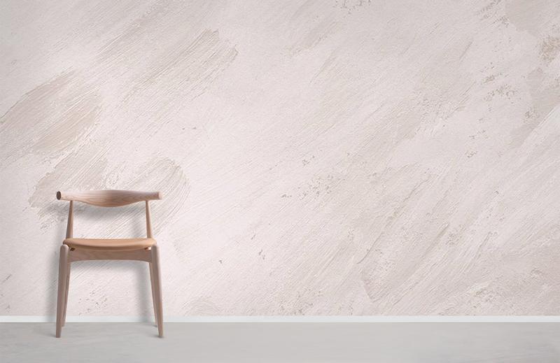 Elegant brushstroke textured wallpaper, beige and cream tones, with minimalistic wooden chair on grey floor.