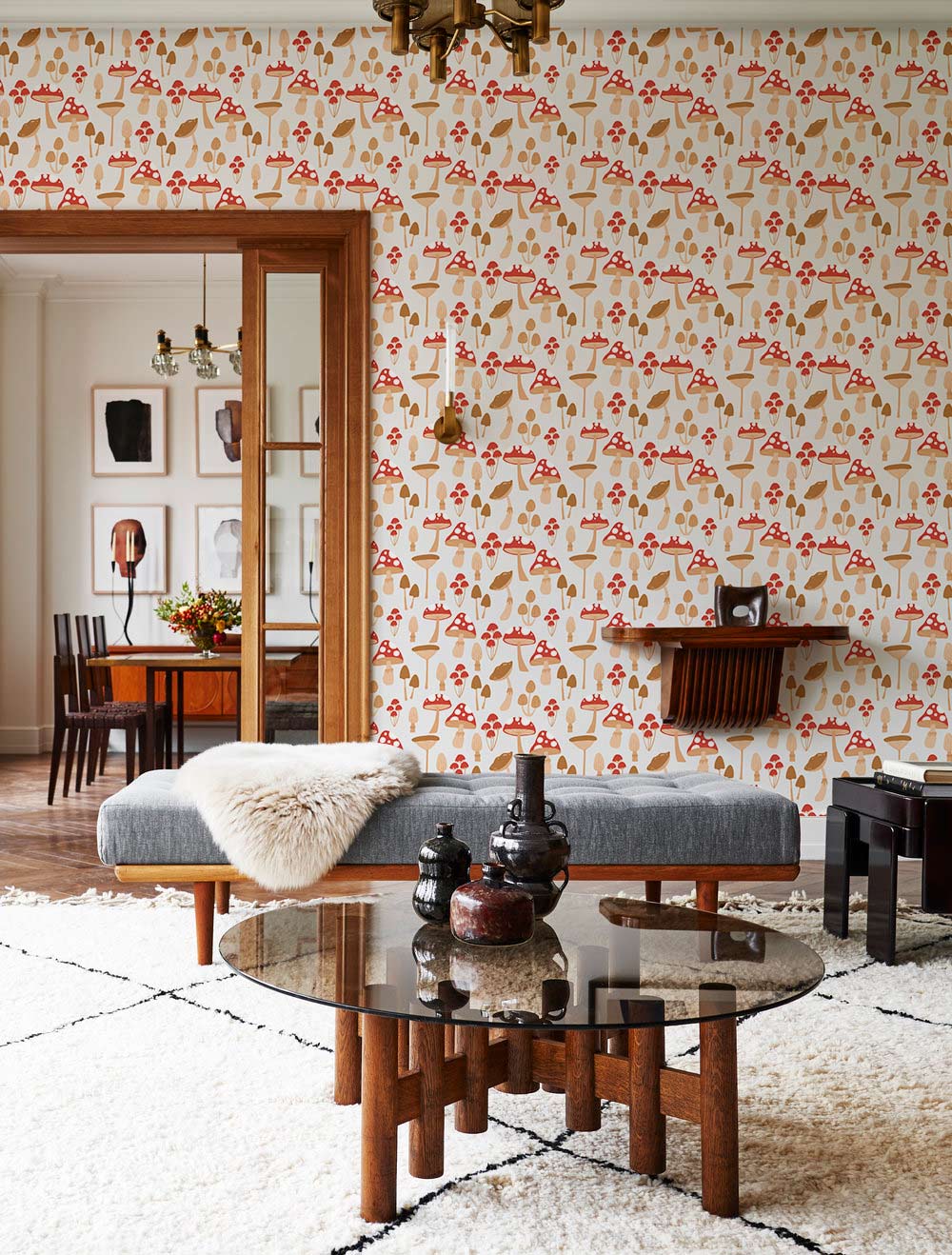 Whimsical Forest Mushrooms Wallpaper in Warm Earthy Hues Pattern