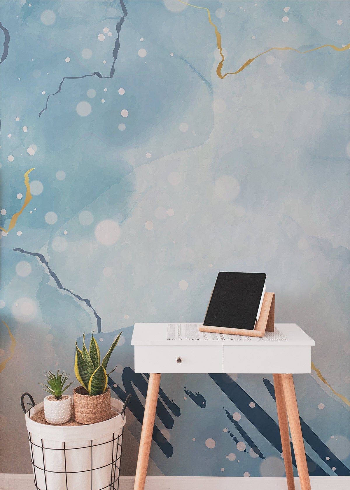Elegant Blue Marble Effect Wallpaper, Gold Veins; white desk, tablet, indoor decor, modern style room.