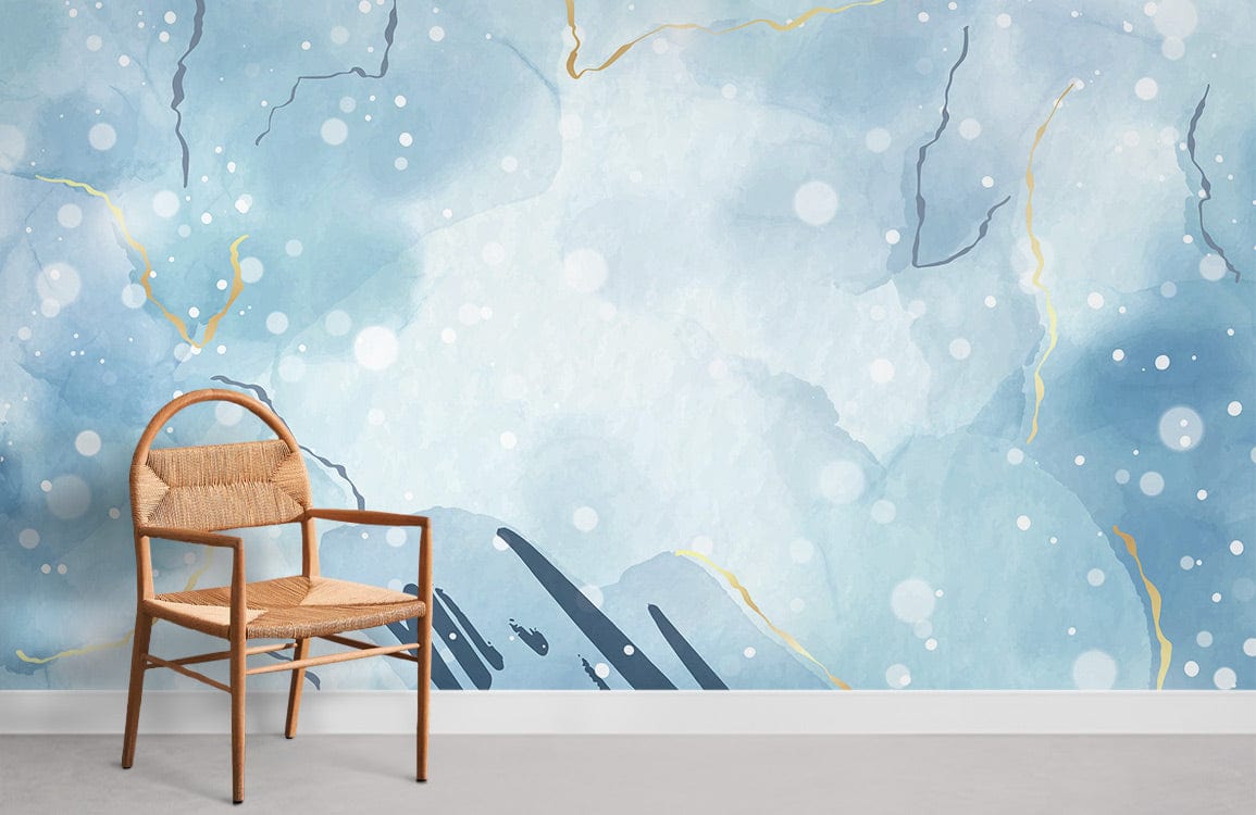 Elegant Blue Marble Effect Mural Wallpaper with Gold Vein Highlights, wicker chair, minimalist room design.