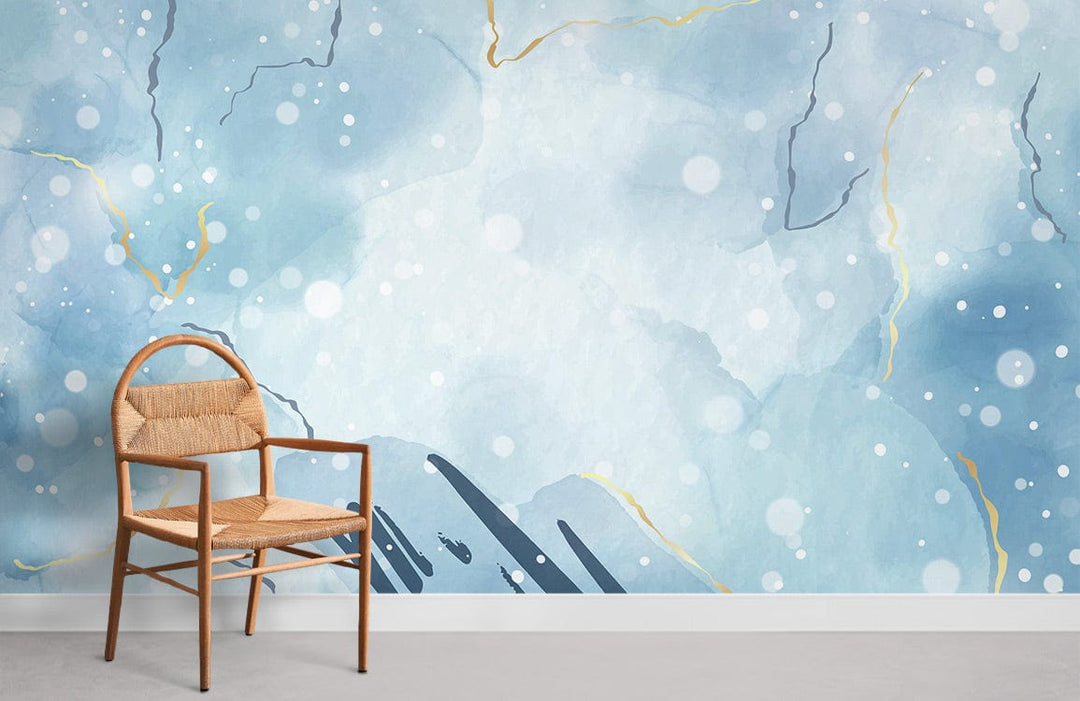 Elegant Blue Marble Effect Mural Wallpaper with Gold Vein Highlights, wicker chair, minimalist room design.