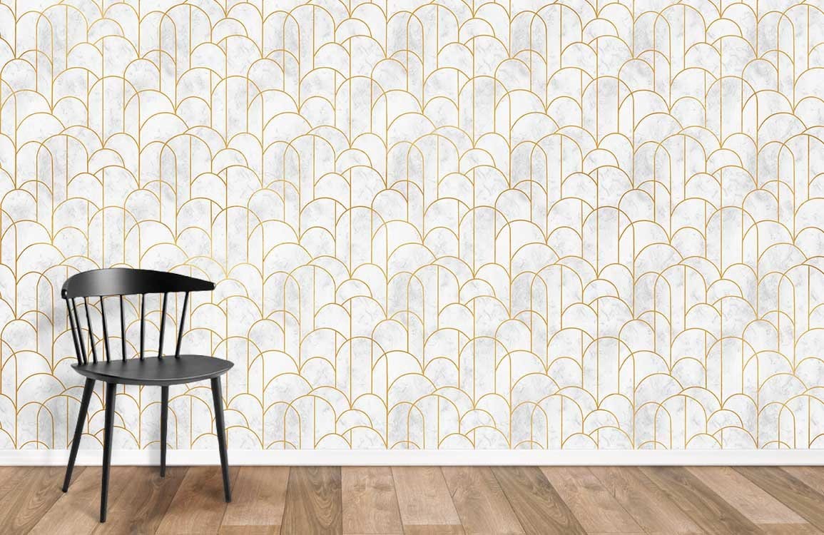 Art Deco wallpaper with gold scallop pattern, black chair, wooden flooring, elegant home decor.