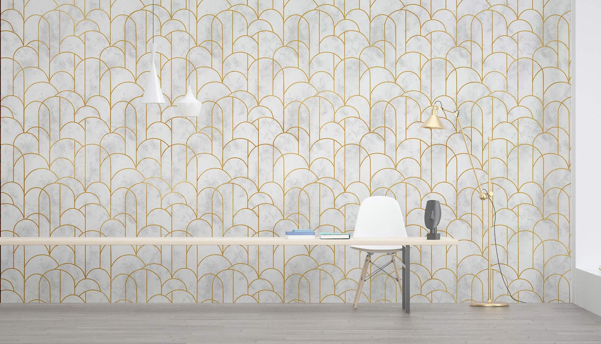 Art Deco Gold and White Scallop Wallpaper in elegant home office with white chairs, wooden flooring.
