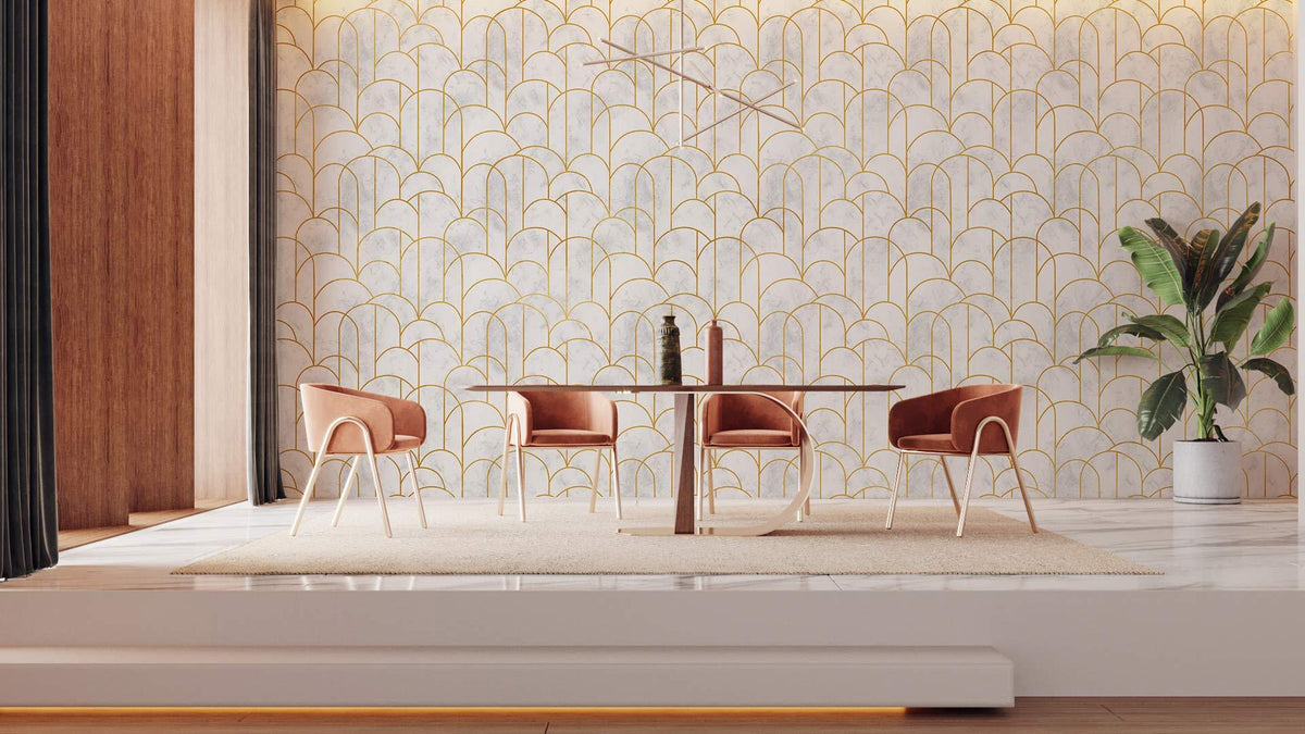 Art Deco gold and white scallop wallpaper, elegant dining room with brown chairs, stylish design.