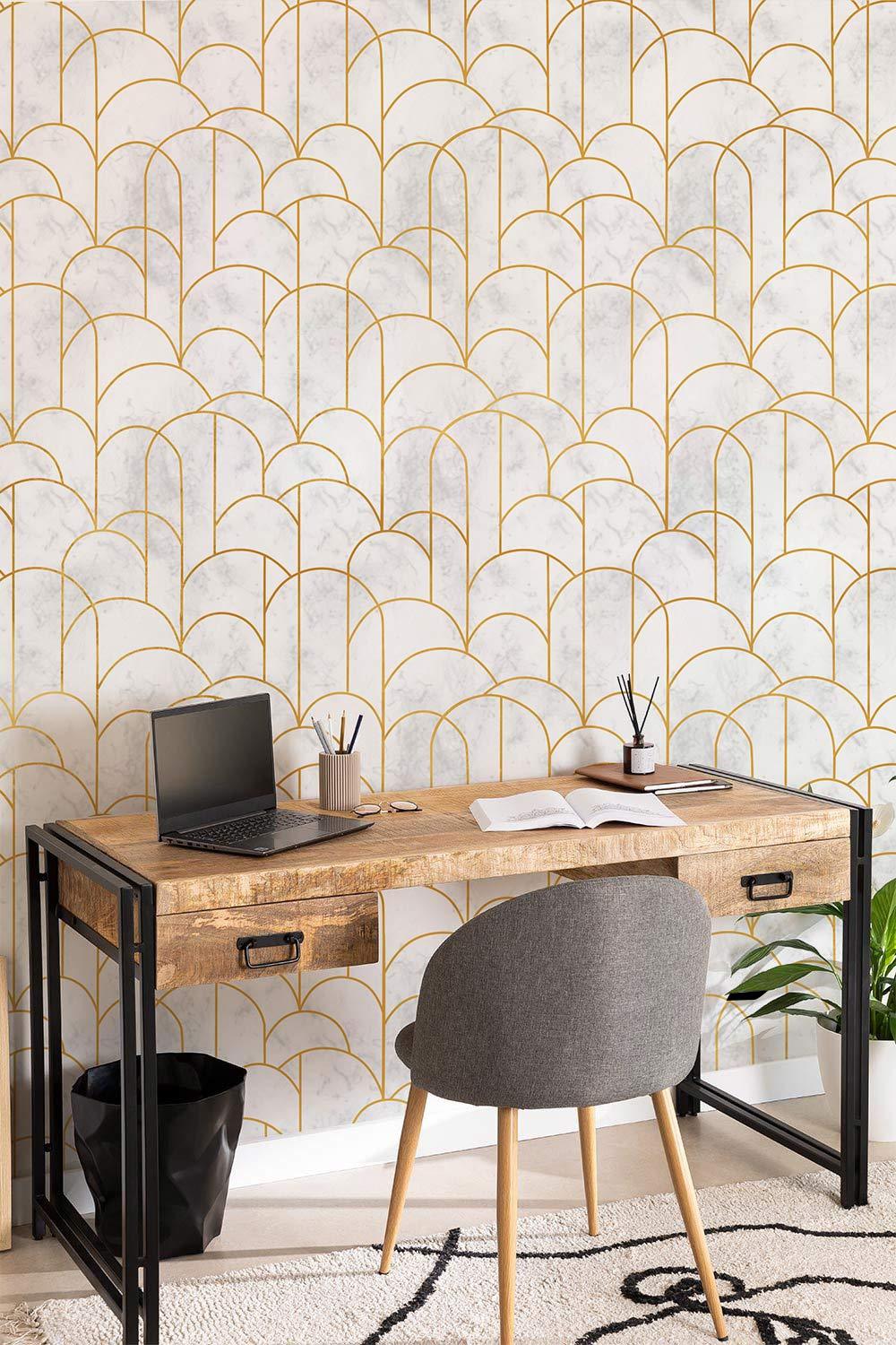 Art Deco gold and white scallop wallpaper, elegant design, wooden desk, grey chair, stylish workspace.