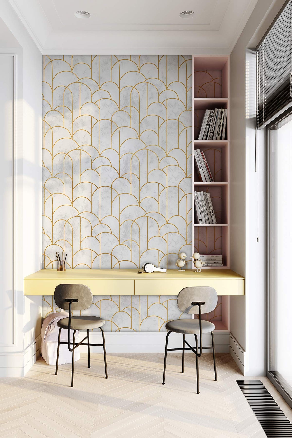 Art Deco Gold Scallop Wallpaper in modern study, pale wood flooring, yellow desk, stylish chairs.