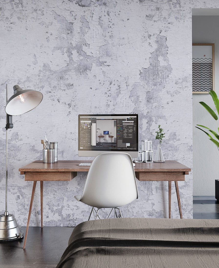 Vintage industrial grey wallpaper in modern home office setting with wooden desk, Eames chair.