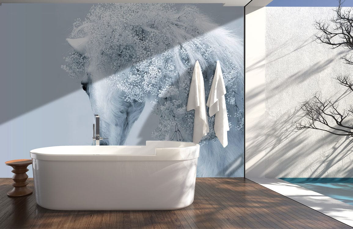 Ethereal mural wallpaper with white floral horse, elegant bathroom decor, modern bathtub, wooden flooring.