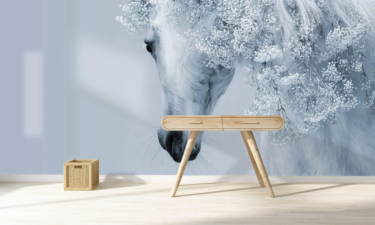 Ethereal White Floral Horse Mural Wallpaper in minimalist room with light wood flooring and desk.