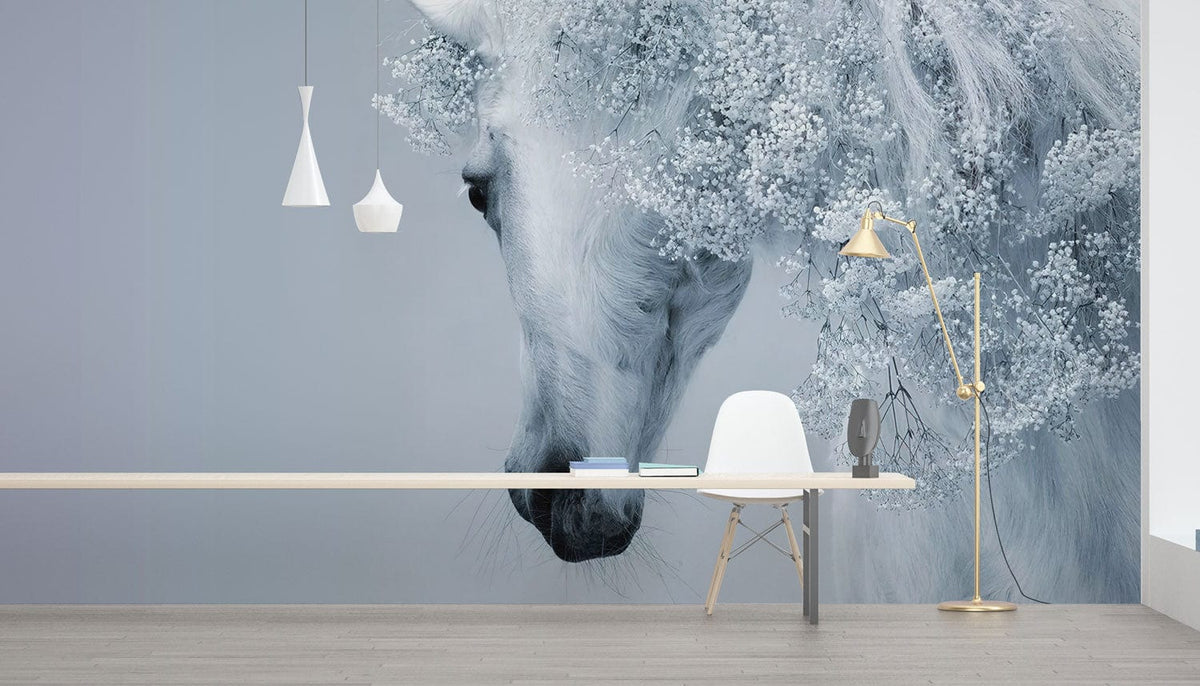 Ethereal white floral horse mural wallpaper in minimalist room, featuring grey flooring and modern furniture.