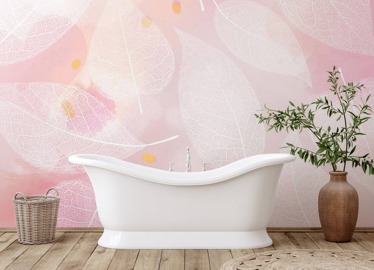 Elegant pink leaf wallpaper in bathroom with white tub, wooden flooring, and decorative plant vase.