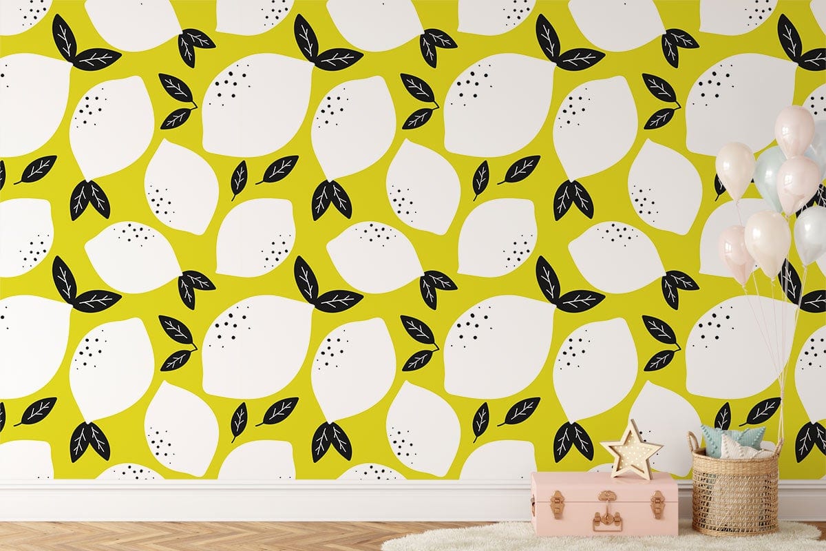 Vibrant retro lemon wallpaper with black accents, wooden flooring, and modern decor in a stylish room.