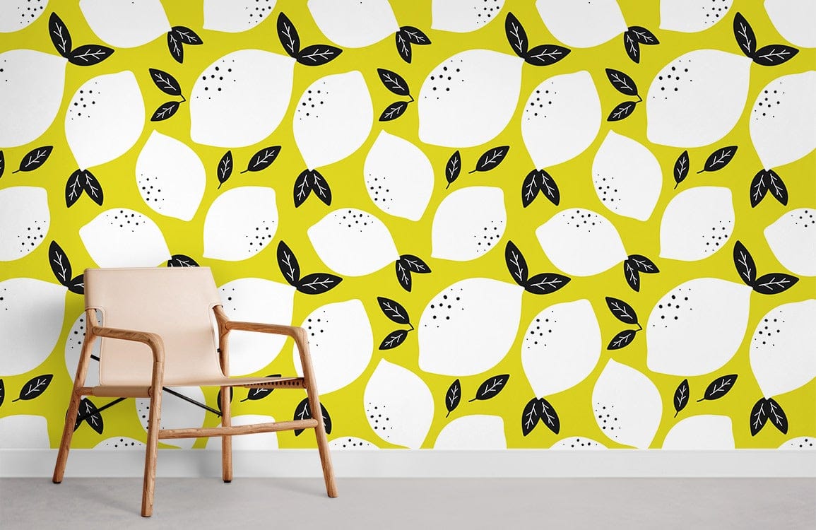 Vibrant Retro Lemon Pattern Wallpaper in yellow, black. Minimalist wooden chair, neutral flooring, modern decor.