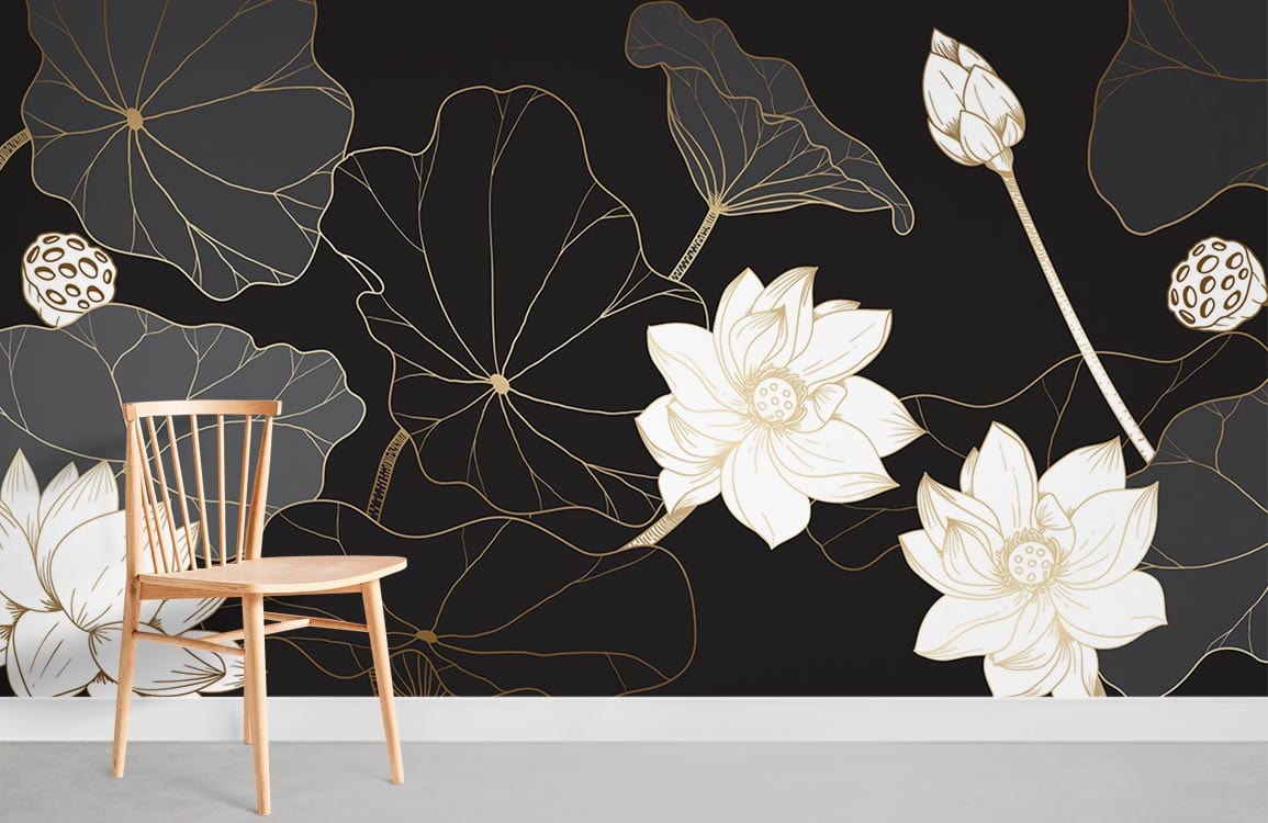 Elegant gold and black floral lotus mural wallpaper, wooden chair, grey flooring, modern interior design.
