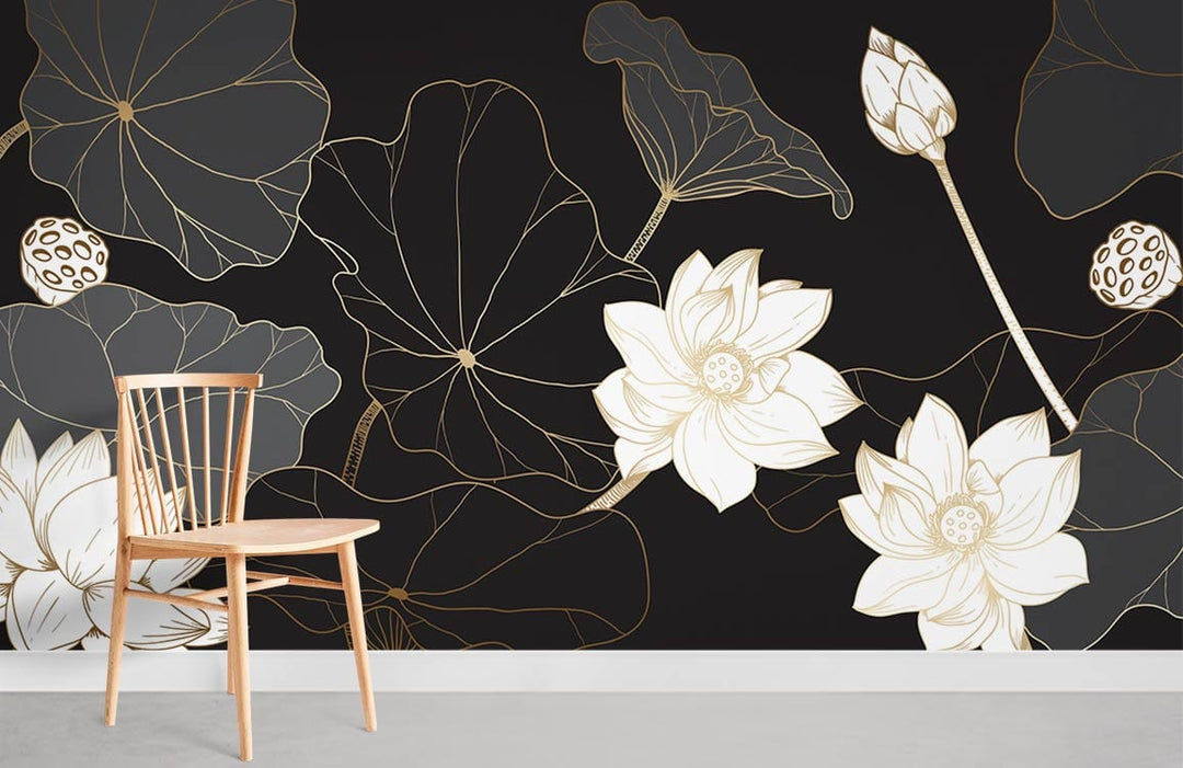 Elegant gold and black floral lotus mural wallpaper, wooden chair, grey flooring, modern interior design.