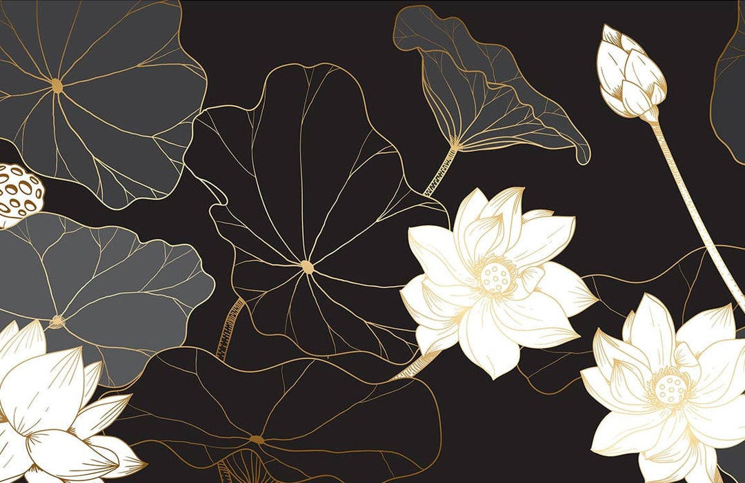 Elegant Gold and Black Floral Lotus Pattern Mural Wallpaper for Interiors