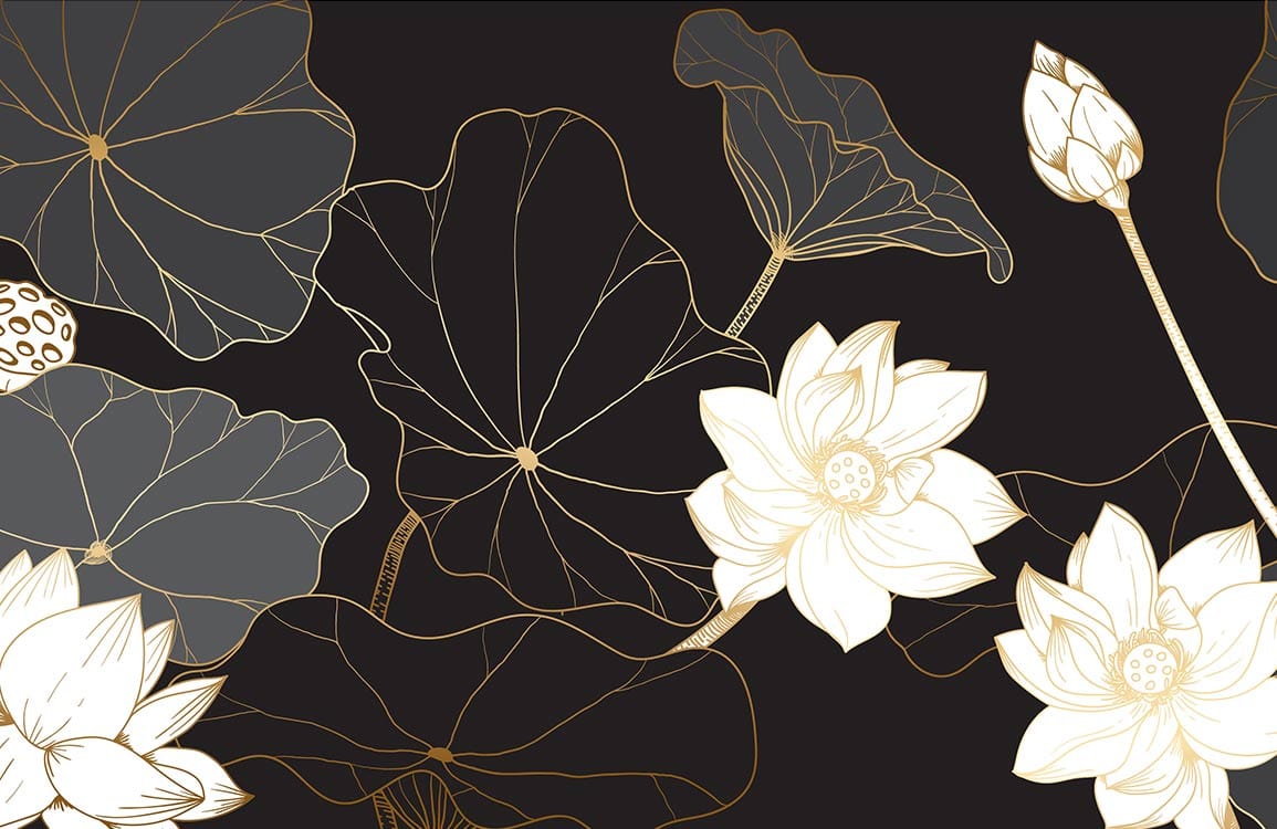 Elegant Gold and Black Floral Lotus Pattern Mural Wallpaper for Interiors