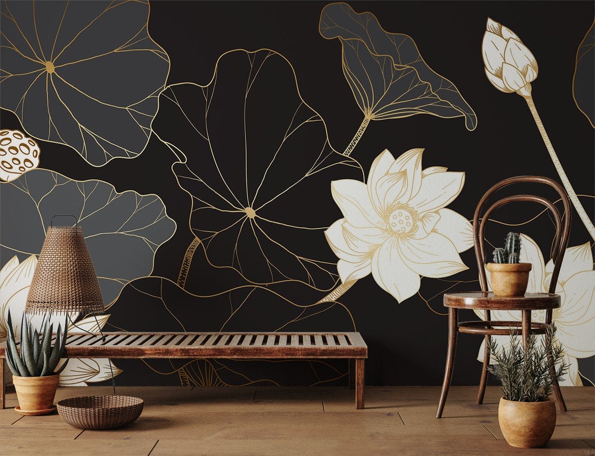 Elegant gold and black floral lotus mural wallpaper with wood furniture and indoor plants in living room.