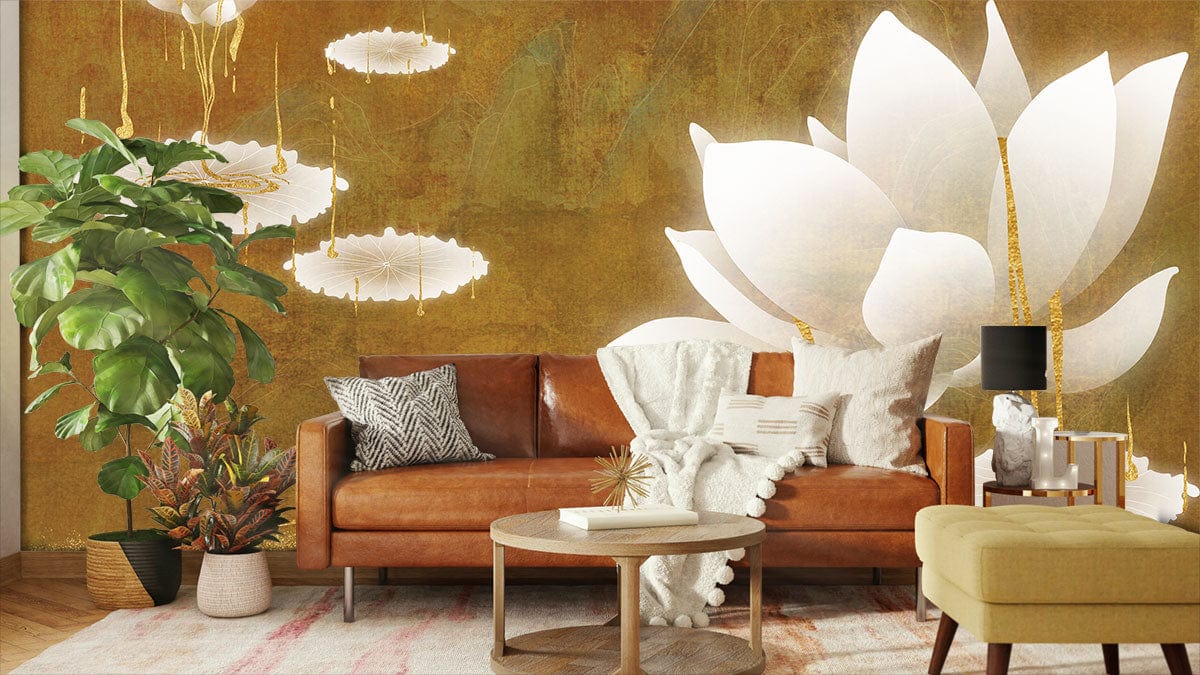 Elegant white lotus mural in golden tones, brown leather sofa, green plants, and wooden flooring.