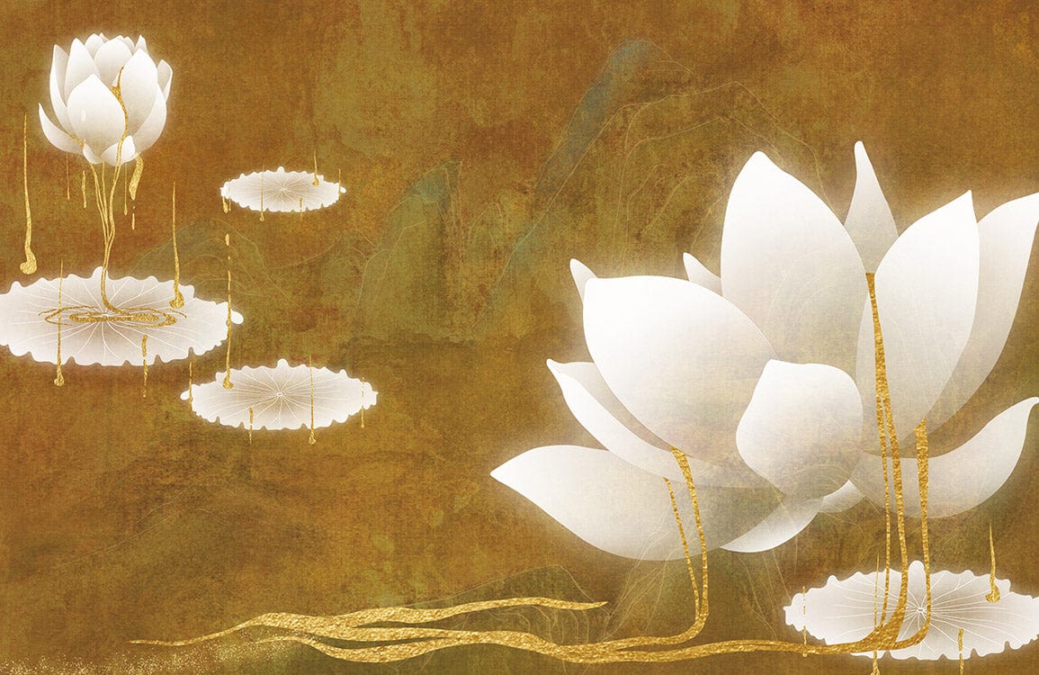 Elegant White Lotus Design Mural Wallpaper in Golden Serenity Tones